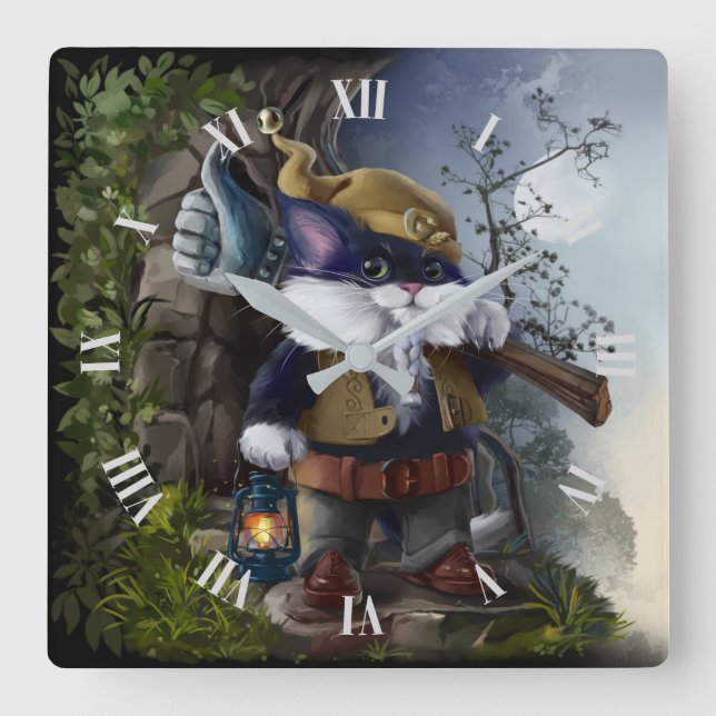 Horloge Carrée Gnome chat avec marteau de nuit et lampe va au tra (Recto)