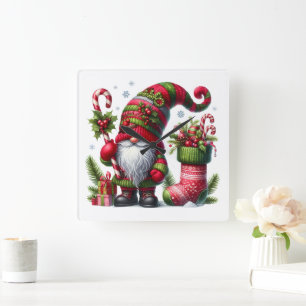 Horloge Carrée Gnome personnalisé Rouge Vert Noël Fantaisiste