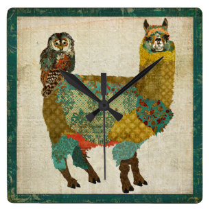 Horloge Carrée Gold Alpaca & Teal Owl Wall Clock