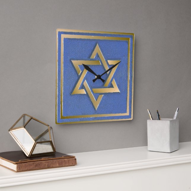 Horloge Carrée Gold Blue Star de David Art Panel (Bureau)