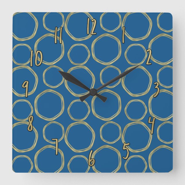 Horloge Carrée Gold Circles & Bright Blue Modern Trendy Chic (Recto)