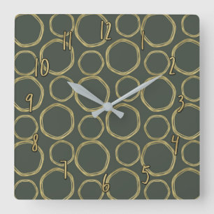 Horloge Carrée Gold Circles & Rustic Olive Green Modern Chic