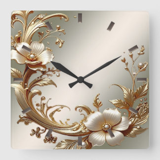 Horloge Carrée Gold Floral Wall Clock