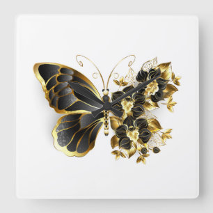 Horloge Carrée Gold flower Butterfly with Black Orchid