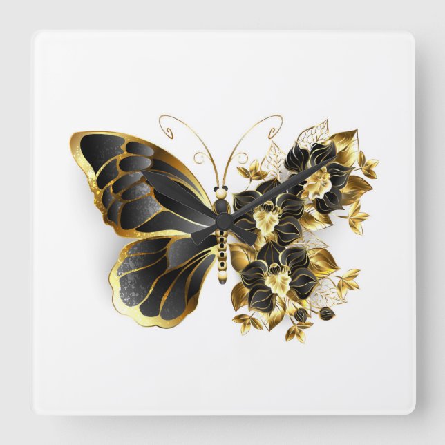 Horloge Carrée Gold flower Butterfly with Black Orchid (Recto)
