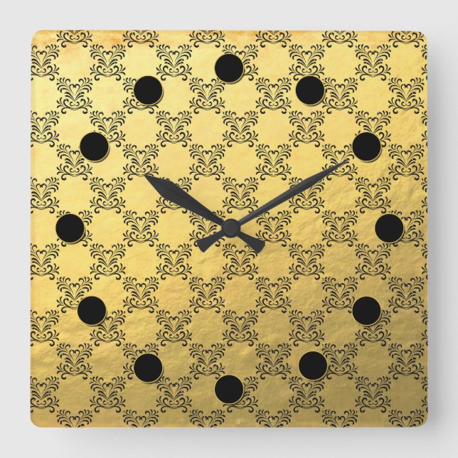 Horloge Carrée Gold Foil and Black Brocade Pattern Wall Clock (Recto)