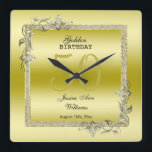 Horloge Carrée Gold Gem & Glitter 50th Golden Birthday<br><div class="desc">Glamorous and elegant posh 50th Golden Birthday wall clock with stylish gold gem stone jewels corner decorations and matching colored glitter border frame. A romantic design for your celebration. All text, font and font color is fully customizable to meet your requirements. If you would like help to customize your product,...</div>