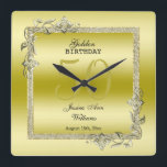 Horloge Carrée Gold Gem & Glitter 50th Golden Birthday<br><div class="desc">Glamorous and elegant posh 50th Golden Birthday wall clock with stylish gold gem stone jewels corner decorations and matching colored glitter border frame. A romantic design for your celebration. All text, font and font color is fully customizable to meet your requirements. If you would like help to customize your product,...</div>