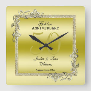 Horloge Carrée Gold Gem & Parties scintillant 50e Anniversaire du