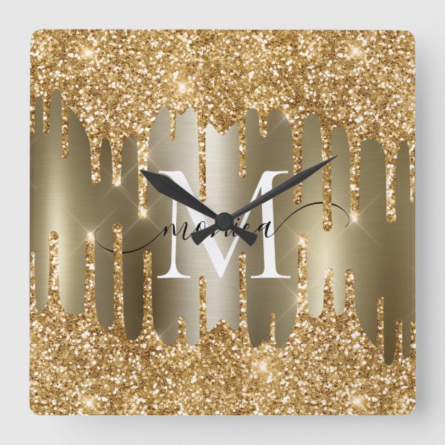 Horloge Carrée Gold Glitter Drips Monogram Personalized (Recto)