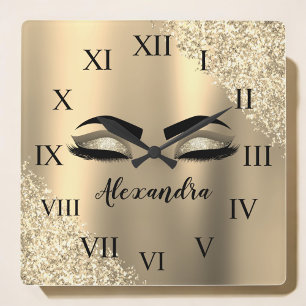 Horloge Carrée Gold Glitter Sparkle Eyelashes Monogram