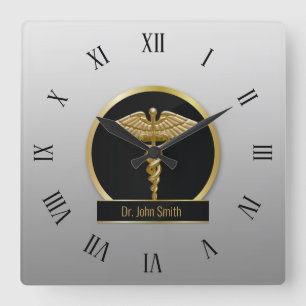 Horloge Carrée Gold Professional Médicale Caduceus