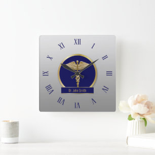 Horloge Carrée Gold Professional Médicale Caduceus Blue Nom