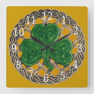Horloge Carrée Gold Shamrock and Celtic Knots Square Clock