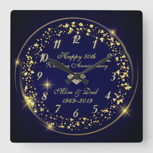 Horloge Carrée Gold Shiny Confeti, Blue 50th Wedding Anniversary