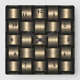 Horloge Carrée Gold Wall Clock Design en treillis - noir et or