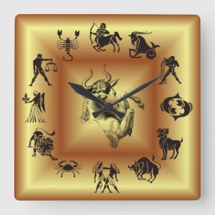Horloge Carrée Gold Zodiaque ~ Signes astrologiques ~ Taureau ~