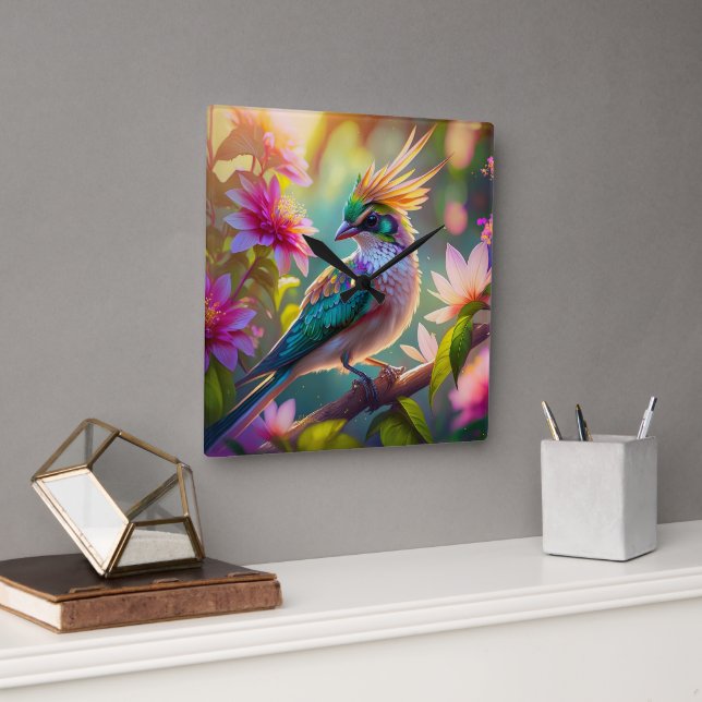 Horloge Carrée Golden Crested Green Headed Finch Imaginaire Oisea (Bureau)