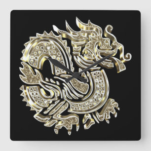 Horloge Carrée Golden Dragon Black and Gold Elegant