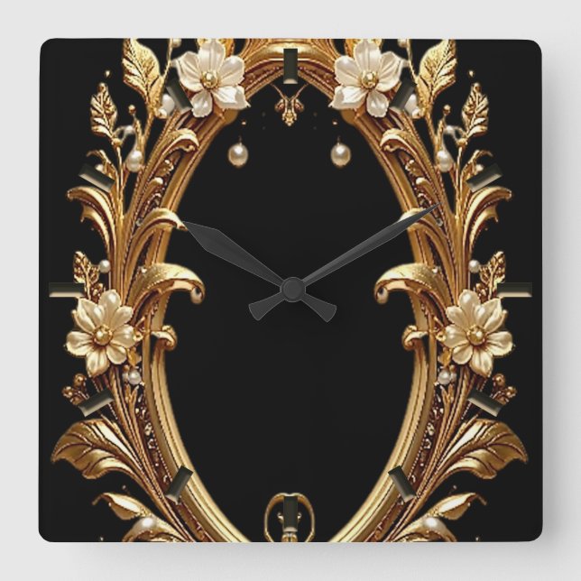 Horloge Carrée Golden Floral Ornate Frame Wall Clock (Recto)