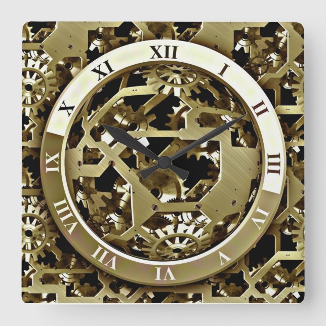 Horloge Carrée Golden Gear Pattern For Acrylic Wall Clock (Recto)