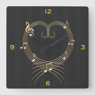 Horloge Carrée Golden Musical Notes Amour Heart