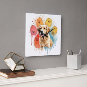 Horloge Carrée Golden Retriever en Empreinte de patte aquarelle