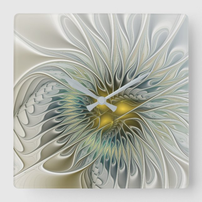 Horloge Carrée Golden Silver Flower Fantasy abstract Fractal Art (Recto)