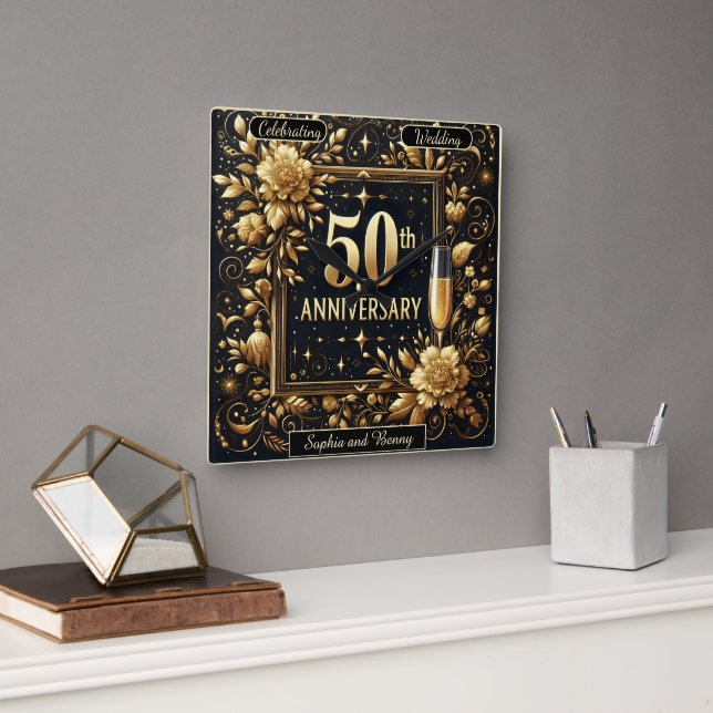 Horloge Carrée Golden Sparkle : 50 ans d'amour (Bureau)