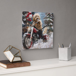 Horloge Carrée Goldendoodle Chien équitation Moto Noël