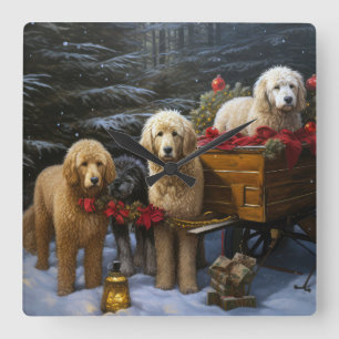 Horloge Carrée Goldendoodle enneigé traîneau décoration de Noël