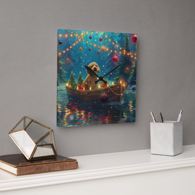 Horloge Carrée Goldendoodle Noël Festive Voyage (Bureau)