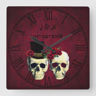 Horloge Carrée Goth Skulls Married Couple Custom