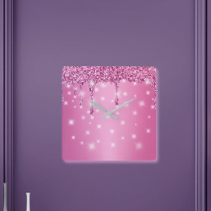 Horloge Carrée Goutte de Paillettes Rose Chaud Élégant