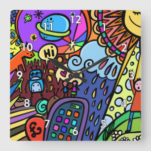 Horloge Carrée Graffiti cool et bande dessinée colorée