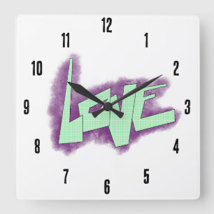 Horloge Carrée graffiti d'amour violet vert menthe typographie po