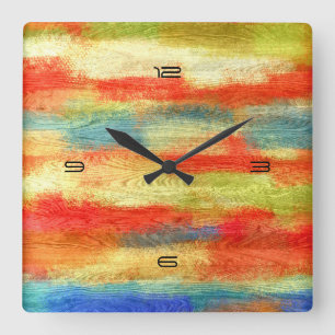 Horloge Carrée Grain en bois Abstrait coloré