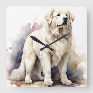 HORLOGE CARRÉE GRAND CHIEN BLANC FLUFÉ GRAND PYRENEES CHIEN