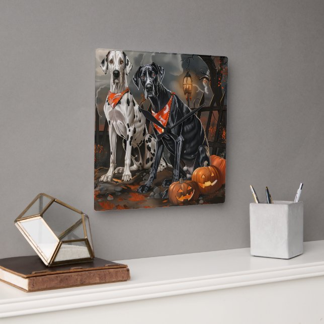 Horloge Carrée Grand Danois Halloween Effrayant (Bureau)
