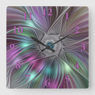 Horloge Carrée Grande Fleur colorée Abstraite Trippy Fractal Art