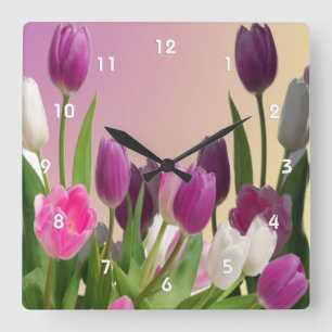 Horloge Carrée Grandes tulipes violettes et blanches