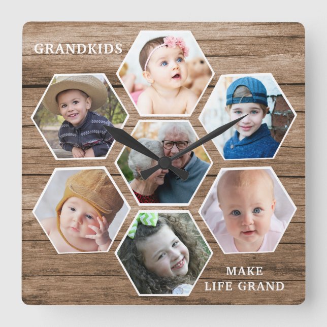 Horloge Carrée Grandkids Make Life Grand 7 Photo Collage Wood (Recto)