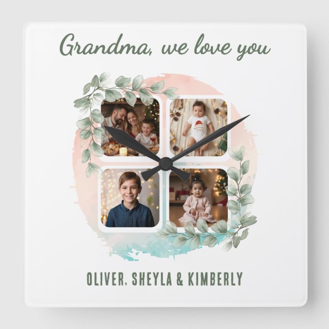 Horloge Carrée Grandma we love you 6 Photo Collage Eucalyptus (Recto)