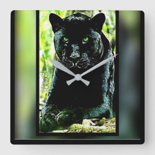 Horloge Carrée Grands modèles de chats : Panthère noire verte