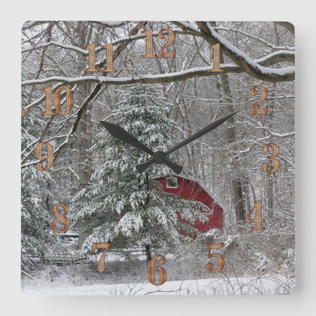 Horloge Carrée Grange rouge neigeuse (Recto)