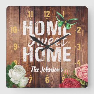 Horloge Carrée Grange rustique bois foncé "Home Sweet Home" desig