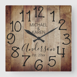 Horloge Carrée Grange Rustique Bois Maison Famille Nom Personnali