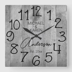 Horloge Carrée Grange Rustique en Bois Maison de Famille Nom de F