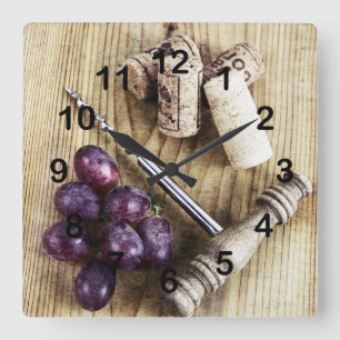 Horloge Carrée Grapes, wine bottle corks and corkscrew