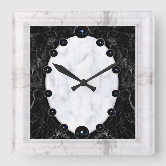 Horloge Carrée Graphiques de la sphère de marbre blanc et noir (Recto)